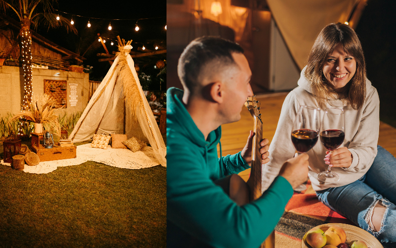 A couple sitting in the backyard in the evening near the tee pee tent with lovely string lights.