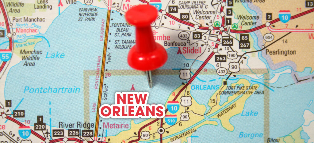 Map of New Orleans with a red push pin.