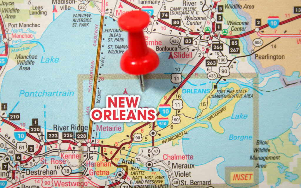 Map of New Orleans with a red push pin.