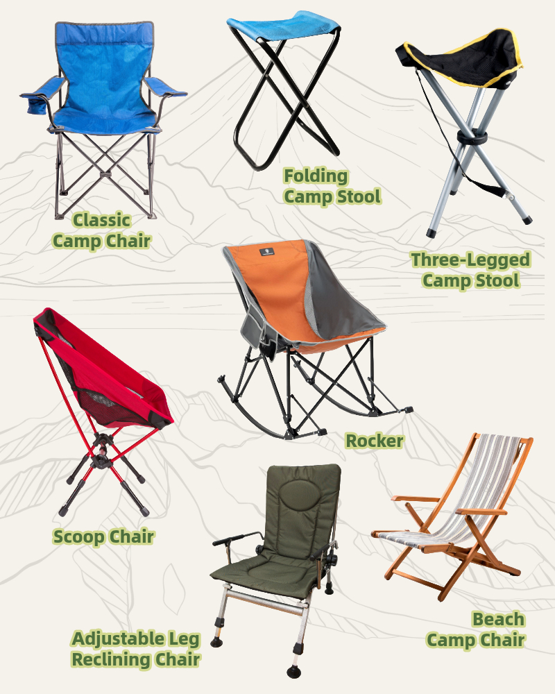 Collection of different types of camp chairs.