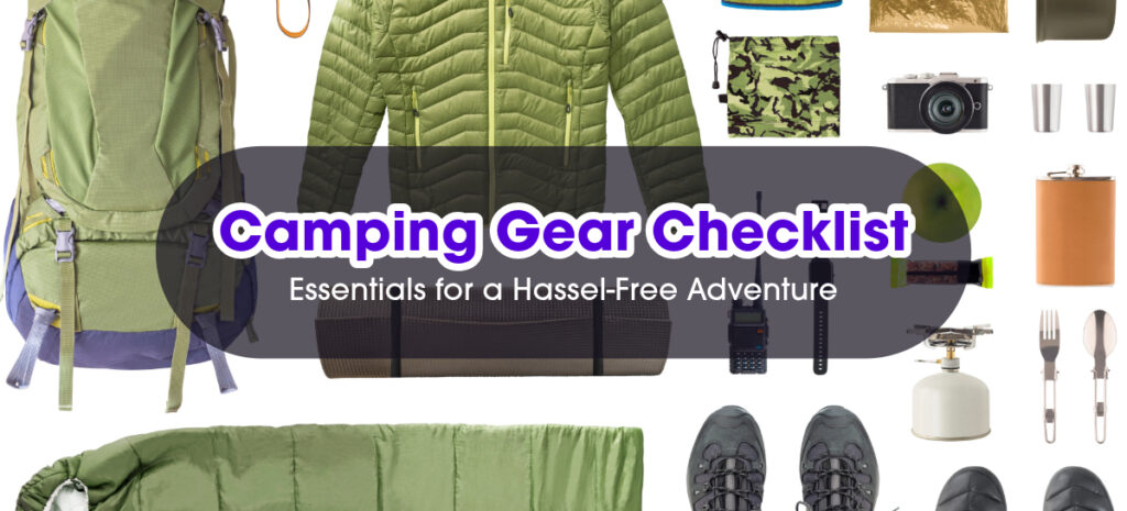 Hiking and camping gears lay on a white background.