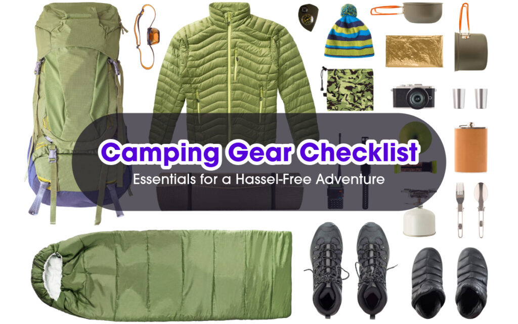 Hiking and camping gears lay on a white background.
