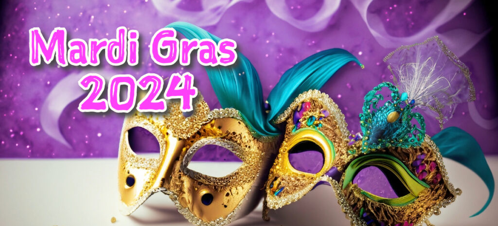 Mardi Gras 2024 text with festivity face masks.