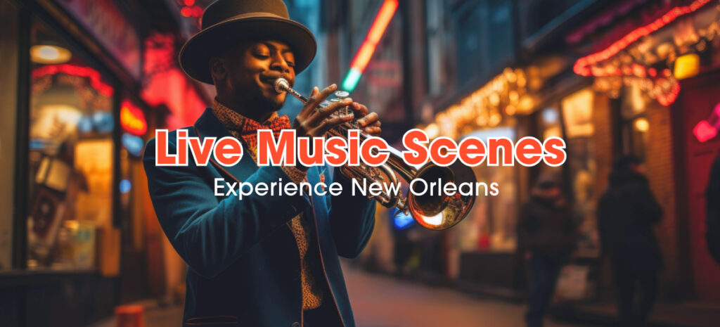 A musician playing trumpet on the Bourbon Street at night.