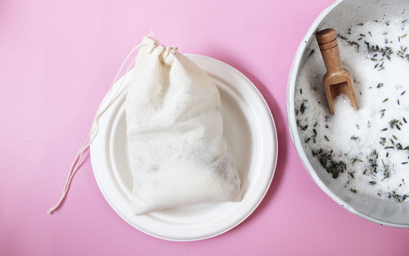 Lavender foot soak in a burlap bag