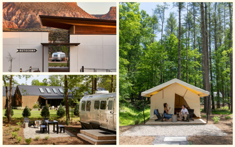 Glamping tent, airstream bus, and camp ground.
