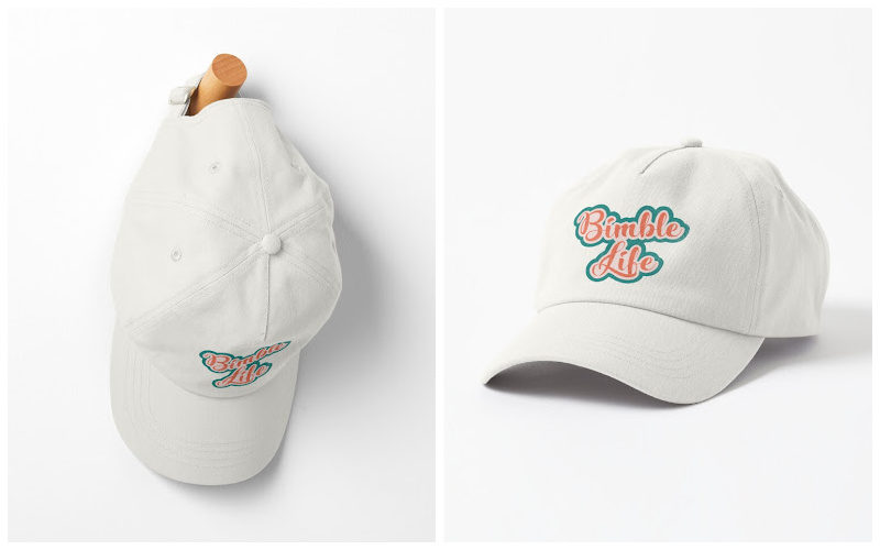 White dad hat with graphic says Bimble Life.