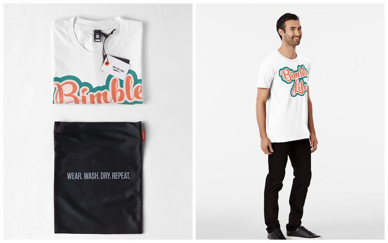 A t-shirt branded bag and a guy wearing a white graphic shirts that says Bimble Life.