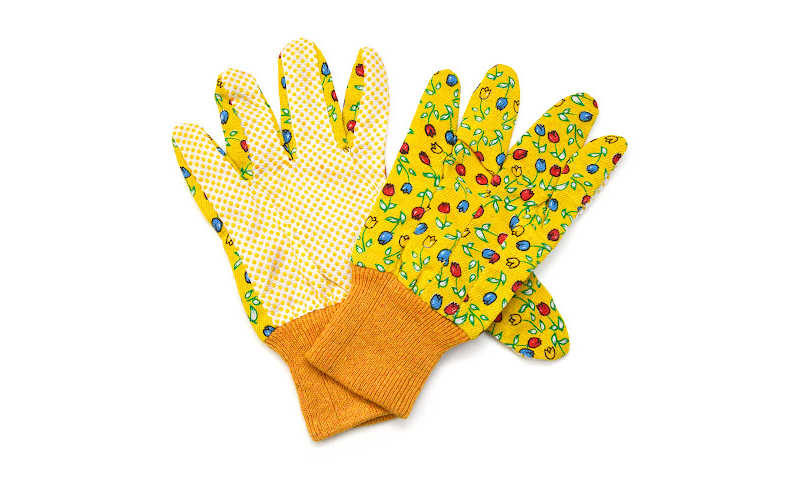 A pair of yellow and orange garden gloves