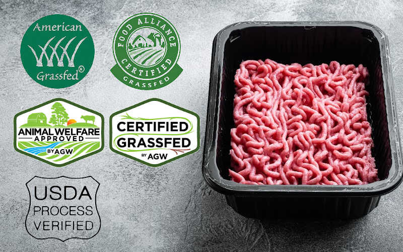 Fresh ground beef package with grass-fed certified labels and USDA process verified mark.