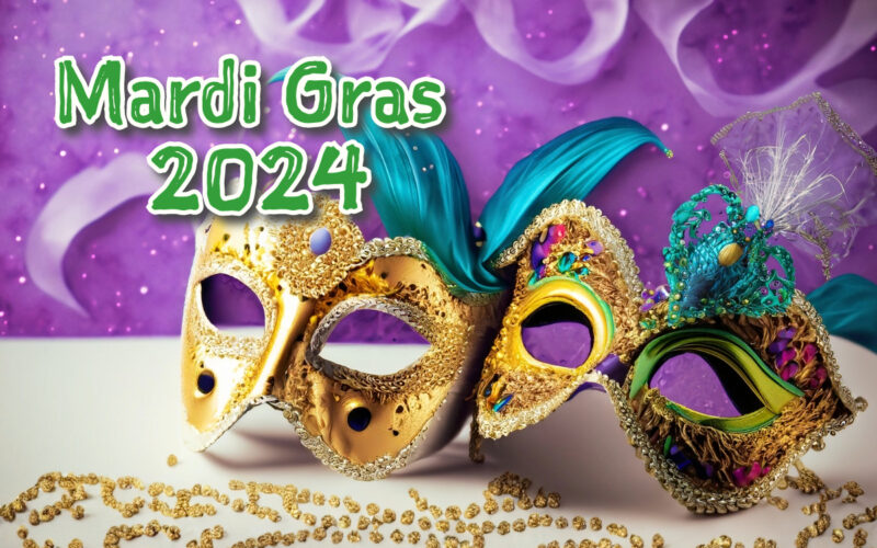 Mardi Gras 2024 text with festivity face masks.