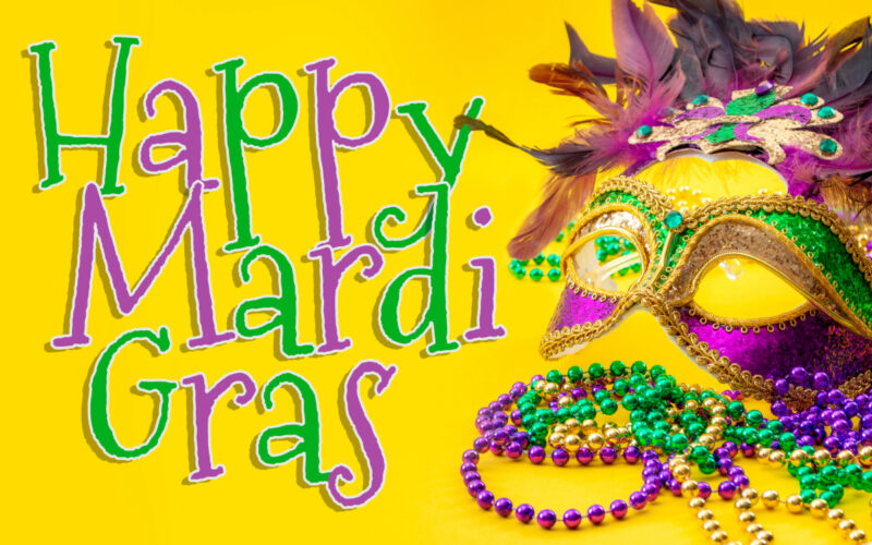 Happy Mardi Gras text along with masks and beads with bright yellow background.