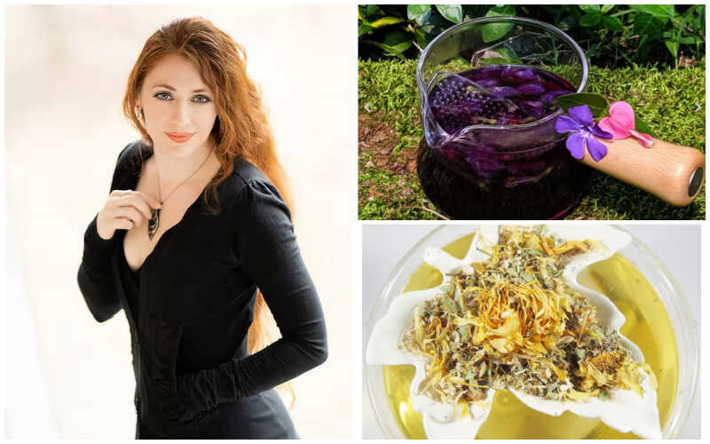 A woman in a black dress on the left and two herbal flower teas on the right.