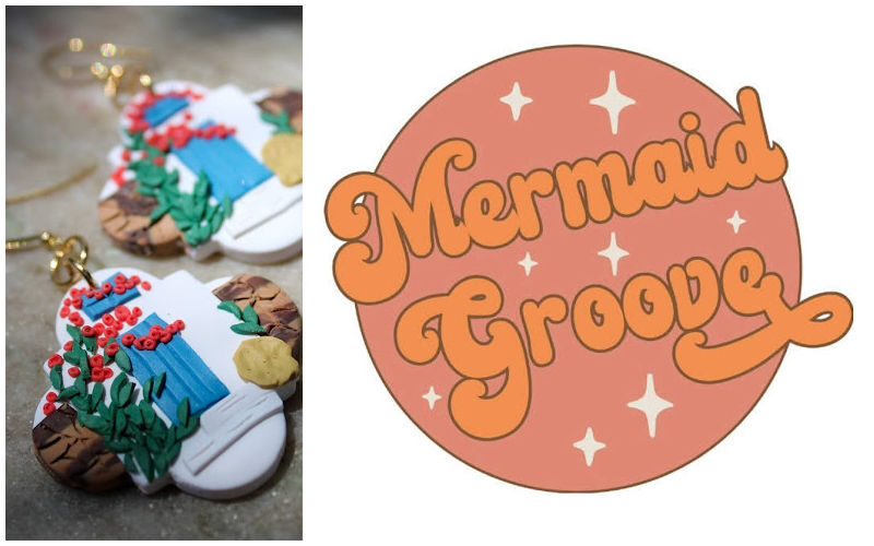 A pair of polymer clay earrings and a logo of Mermaid Groove.