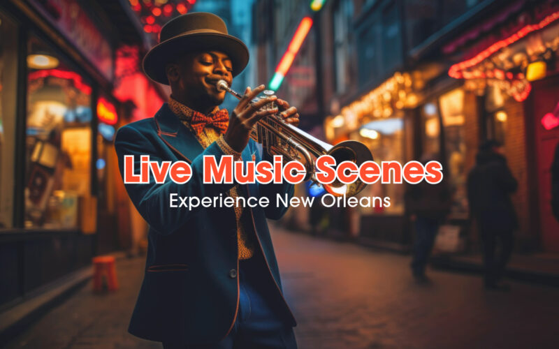 A musician playing trumpet on the Bourbon Street at night.