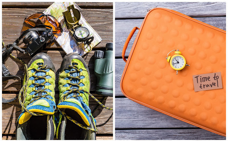 Hiking gears and an orange travel luggage