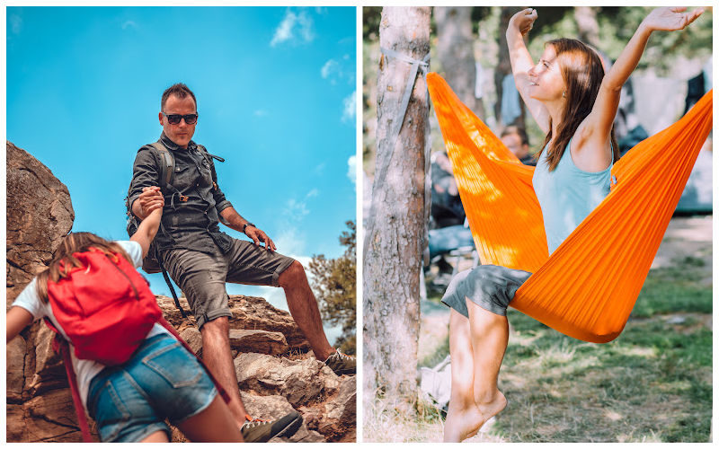 A couple hiking up a rocky mountain and a woman relaxing in a hammock