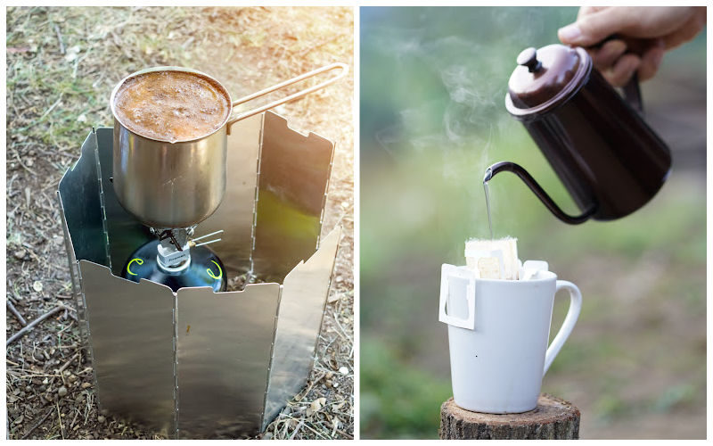 Making and pouring coffee in the woods