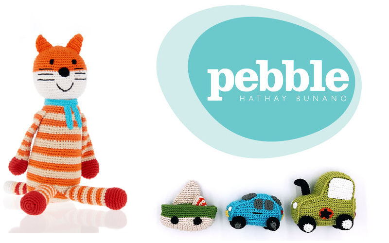Pebble logo and their hand knitted baby rattles.