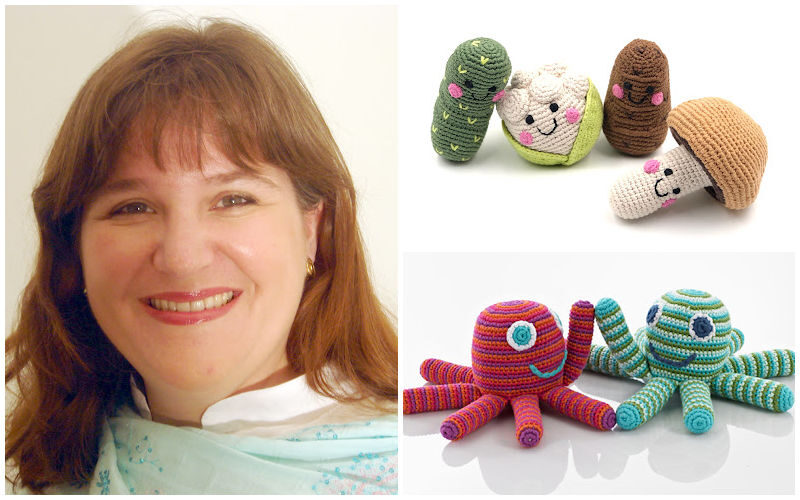 Pebble's founder Samantha and their hand knitted baby rattles.