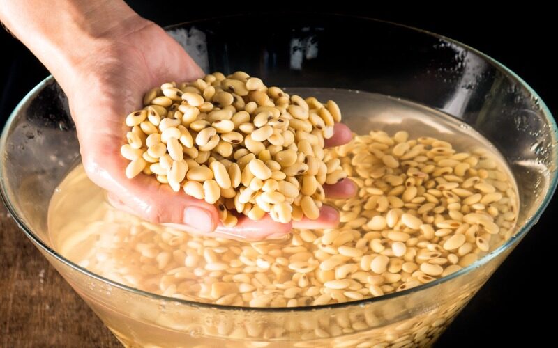 Holding a handful of soaked beans.