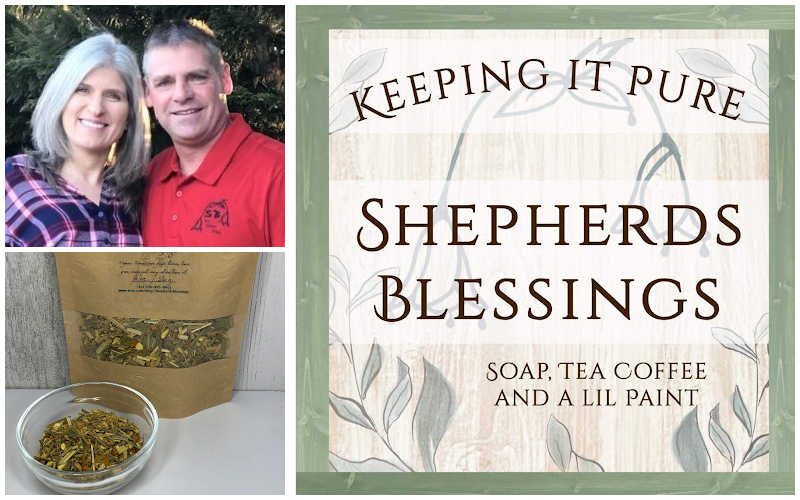 Owners of Shepherds Blessings. their logo, and their organic tea.