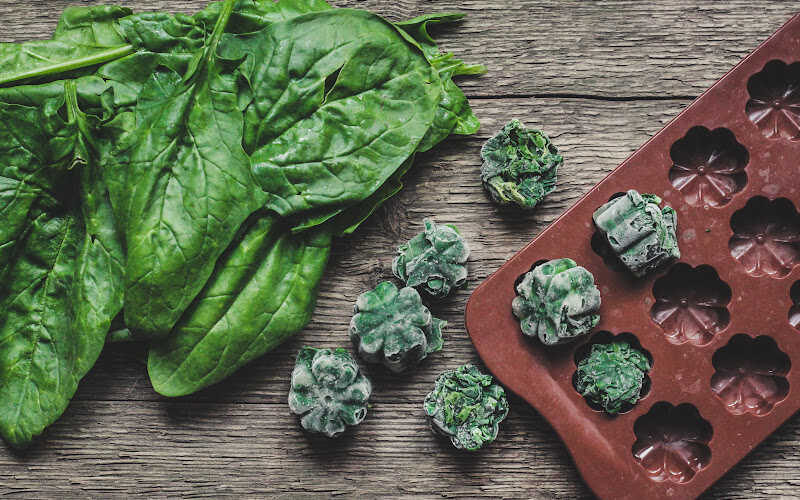 Fresh spinach leaves and frozen spinach balls in the ice cube.